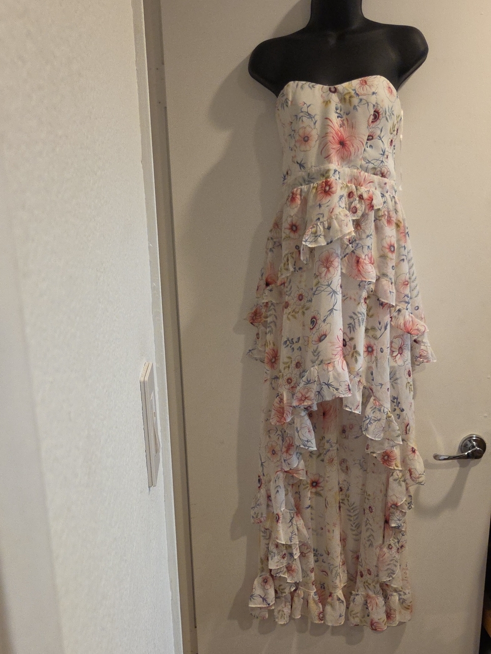 Strapless Cream Floral High-Low Ruffle Formal Dress